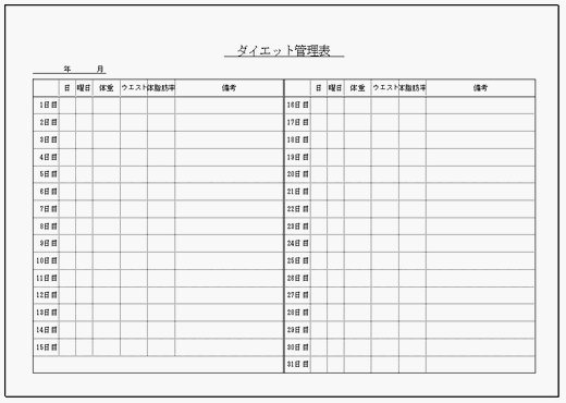 ダイエット管理表:Excelで作成、A4縦1段と横2段のフォーマットを掲載 