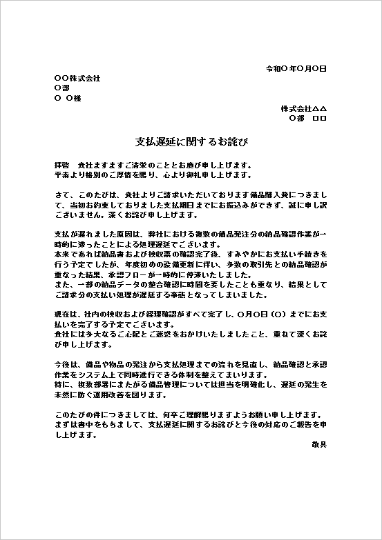A4縦用紙 処理停滞による支払遅延のお詫び状