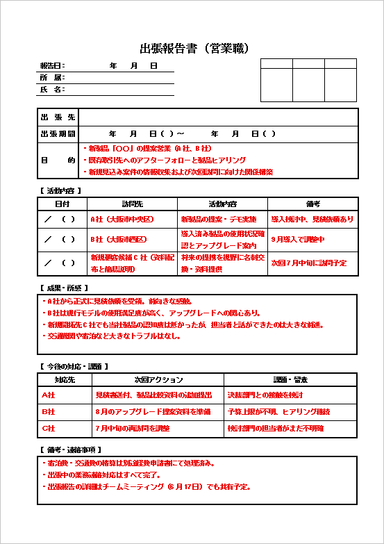 A4縦用紙 営業職向け出張報告書の雛形