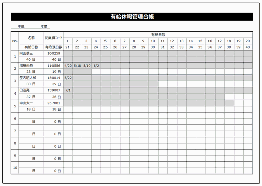 有給休暇管理台帳 Excelで作成した1名用と10名用の2種類の様式を掲載 フリー雛形